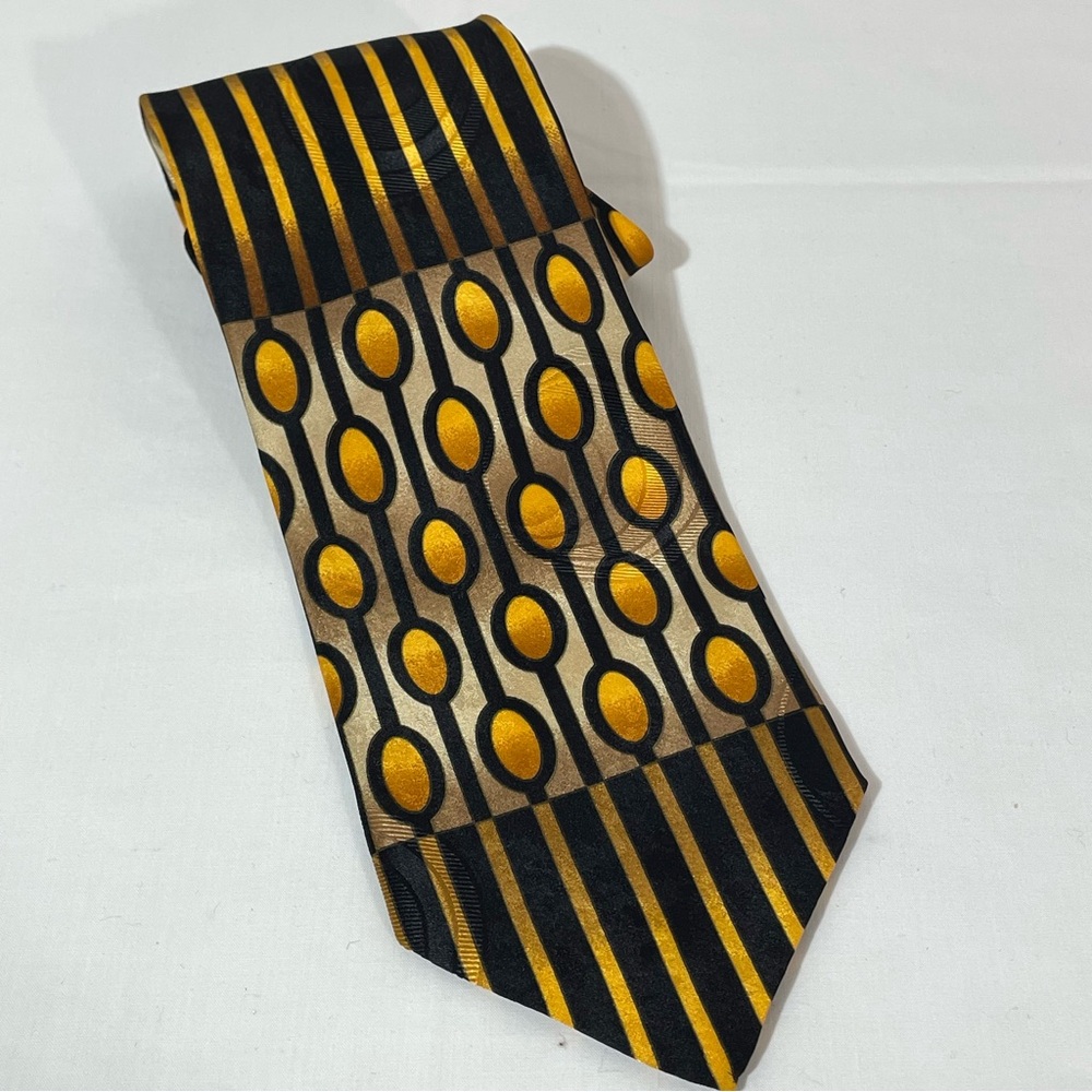 Bachrach Silk Necktie Bold Graphics Black Golden Orange Wide made in Italy